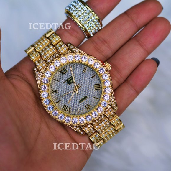 Full Iced Out Luxury Stylish Watch, Iced Out Ring